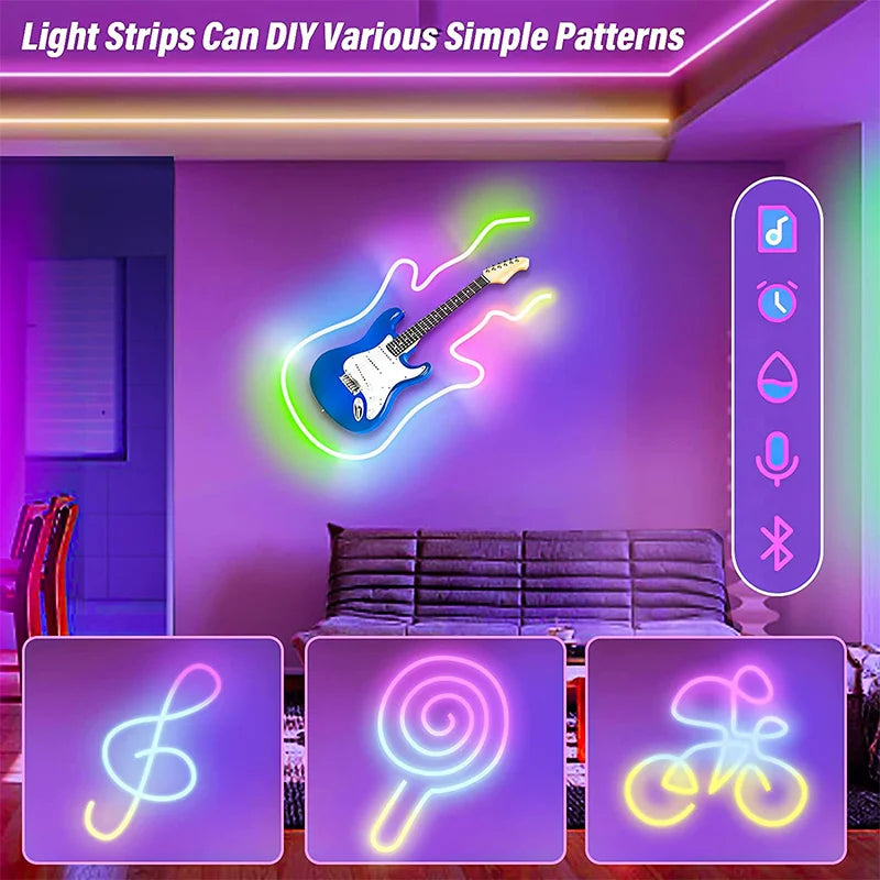 Showlu Smart RGBIC Neon LED strip light with Bluetooth app control, 5V, colorful lighting, displayed on a modern setup.