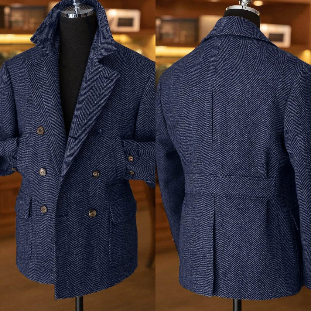 Men's double-breasted wool blend tailcoat in herringbone pattern, tailored by SHOWLU FASHION STORE, shown on a hanger.