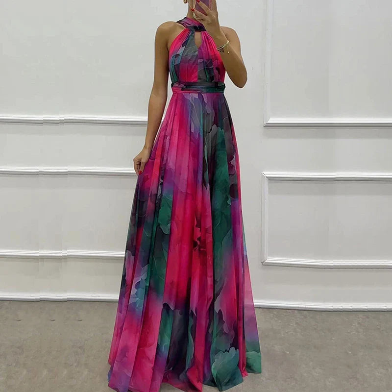 Vintage print Fanbety women's halter maxi dress by SHOWLU FASHION STORE featuring a bohemian-inspired design and flowing silhouette.