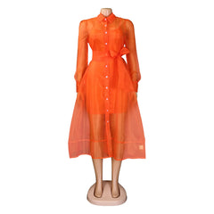 Women Two Pieces Set Transparent Organza Shirt Dresses with Slip Dress Button Up Waist Belt Turn Down Collar Sheer Sexy Female