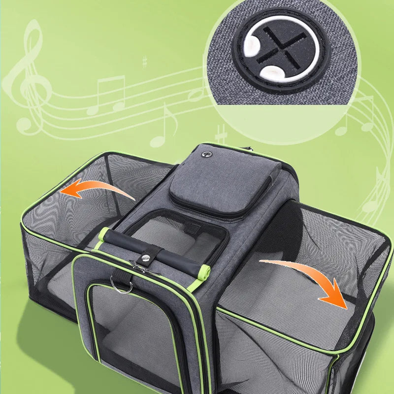 Foldable soft-sided Showlu cat carrier bag with breathable mesh panels, portable travel handbag for pets.