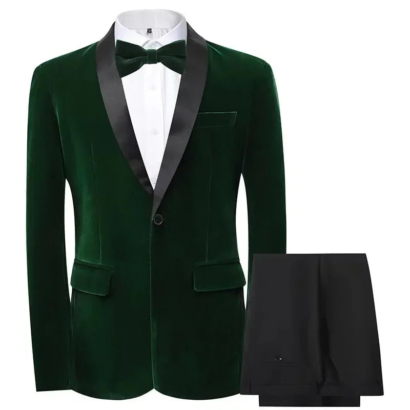 Men's velvet slim fit tuxedo from Showlu Fashion, 2-piece suit set with tailored jacket and matching trousers for formal occasions.
