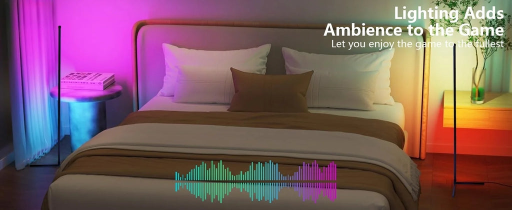 Showlu Smart RGB corner floor lamp with music sync, featuring colorful LED lighting and modern design, placed in a stylish living room corner.