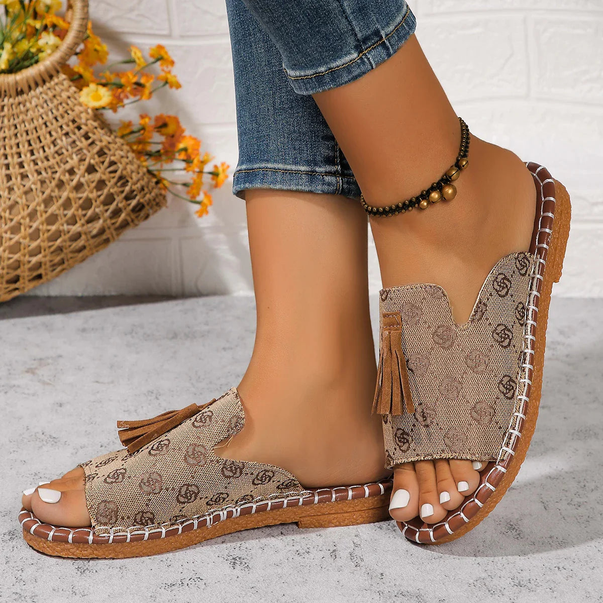 Women's Fringe Canvas Slides by SHOWLU FASHION STORE featuring casual summer beach flat sandals with fringe detailing.