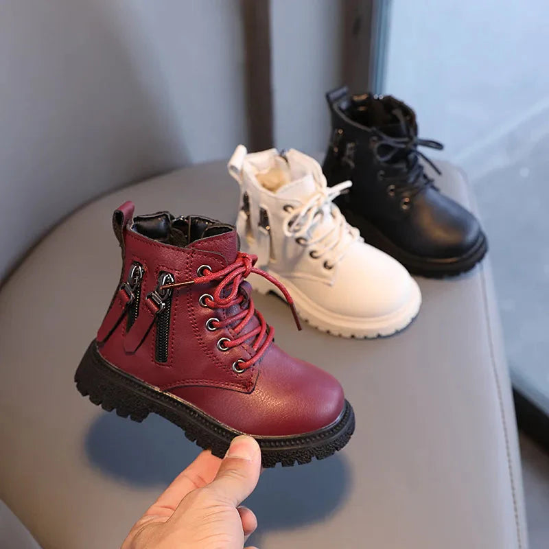 Kids rubber ankle boots by SHOWLU FASHION STORE, warm winter fashion shoes with double zip design, suitable for children.