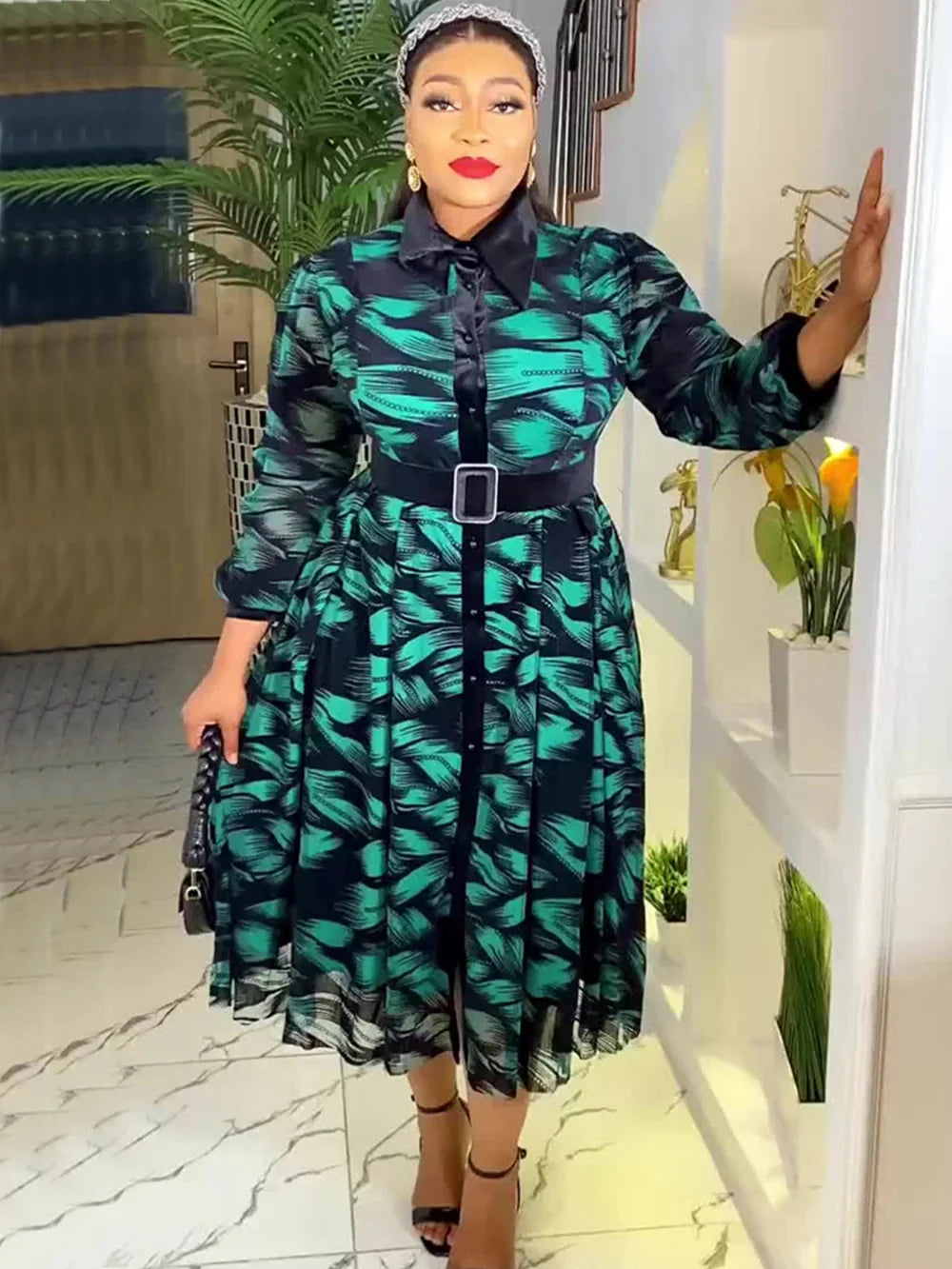African Dashiki Ankara long sleeve plus size party dress by Showlu Fashion Store, featuring vibrant patterns and elegant design.