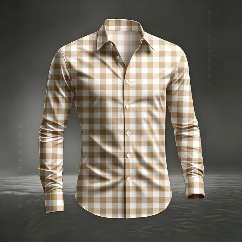 2026 Men's New Classic Plaid Shirt with Plaid Printing, Slim Fit Collar Long Sleeve Shirt, Men's Top, Comfortable Fabric XS-6XL