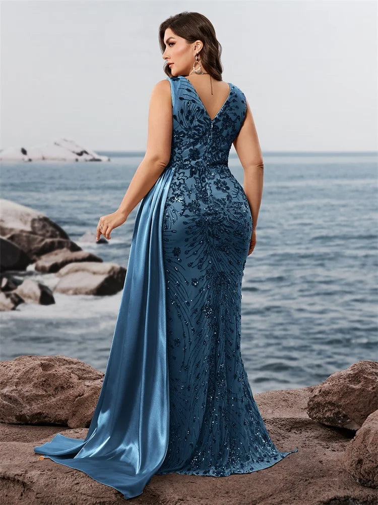 Elegant plus size V-neck sequin evening dress by Showlu Fashion with sleeveless mermaid silhouette, perfect for formal parties.