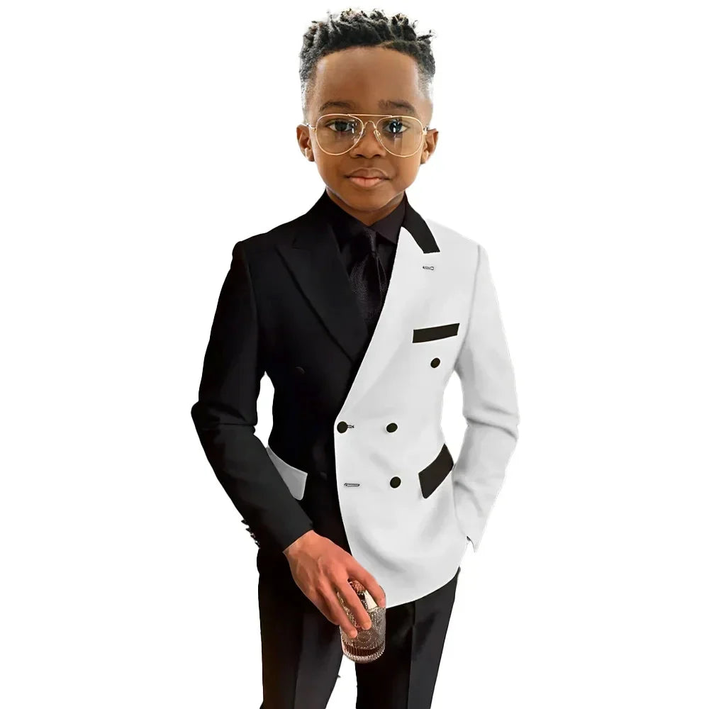 Boys' white and royal blue double-breasted wedding suit by SHOWLU FASHION STORE, featuring a tailored two-piece design.