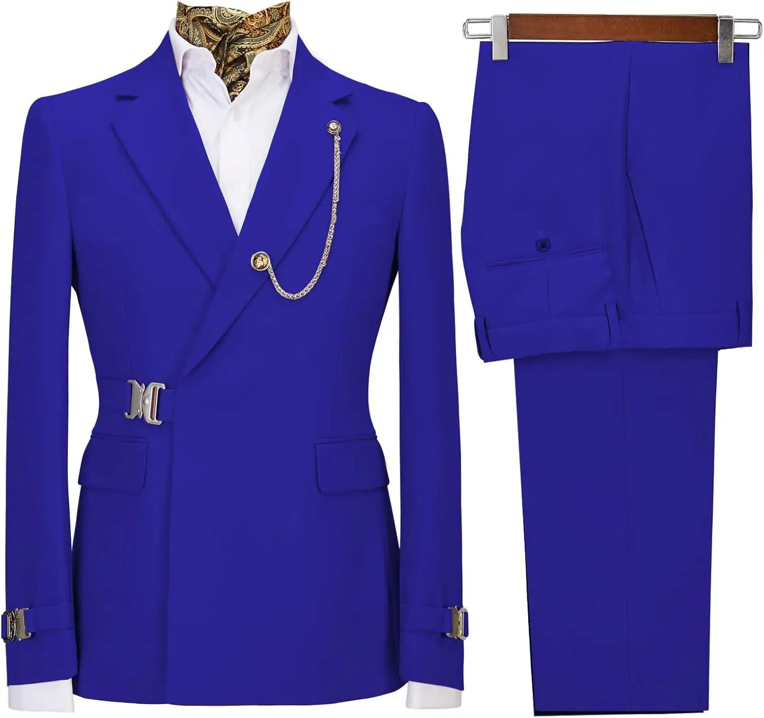 Men's slim fit business casual tuxedo suit with metal clasp, stylish 2-piece suit for formal and professional occasions.
