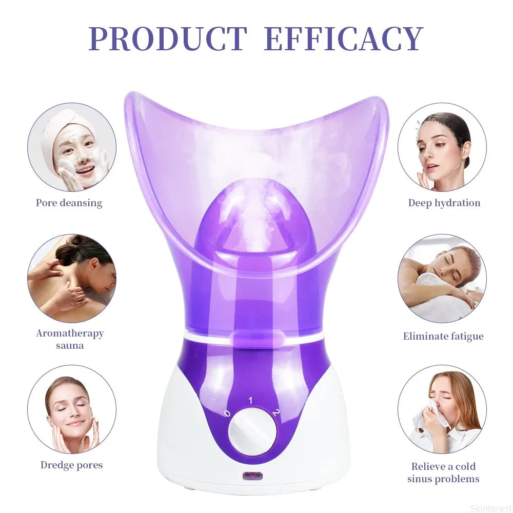Showlu Smart Facial Steamer with hot and cold spray for moisturizing and skin refreshment, shown with steam and spray nozzles.