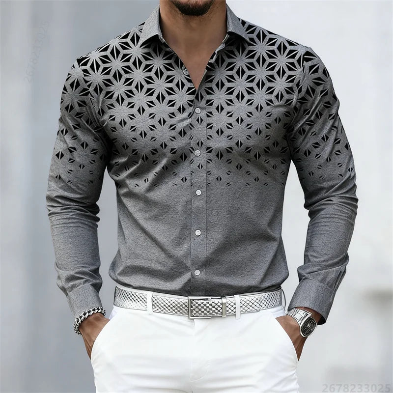 Men's long sleeve geometric pattern print shirt in 17 colors, slim fit casual shirt with lapel, from Showlu Fashion Store.