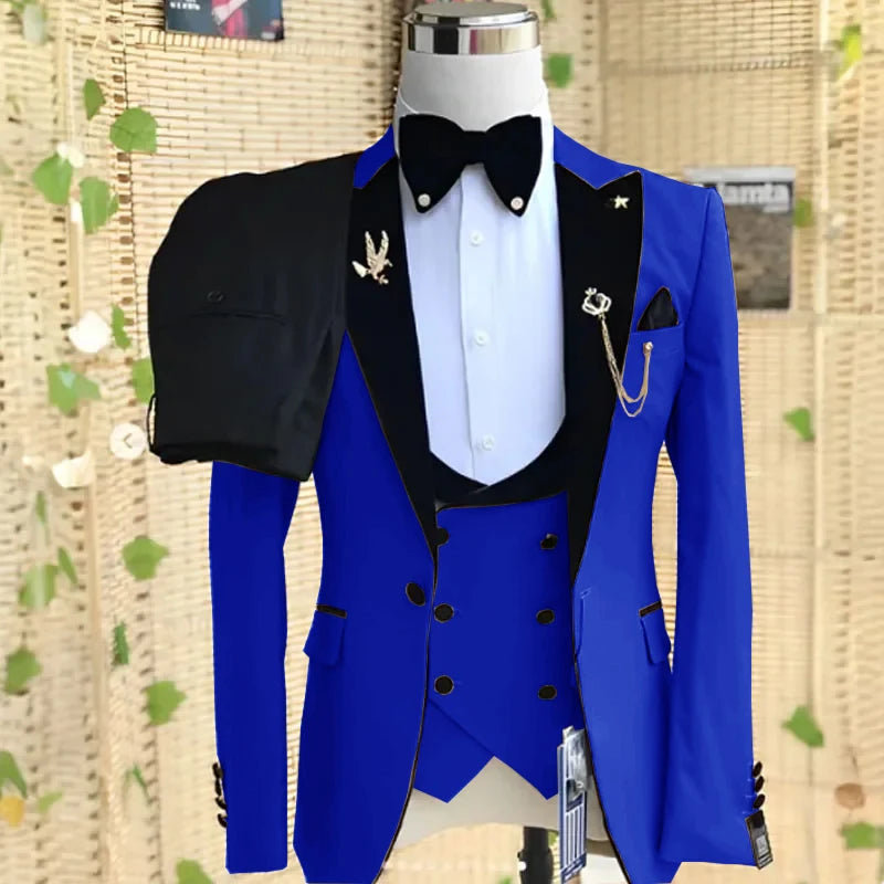 Beige formal men's 3-piece suit with peaked lapel, blazer, pants, and vest, suitable for weddings, groomsmen, or business events.