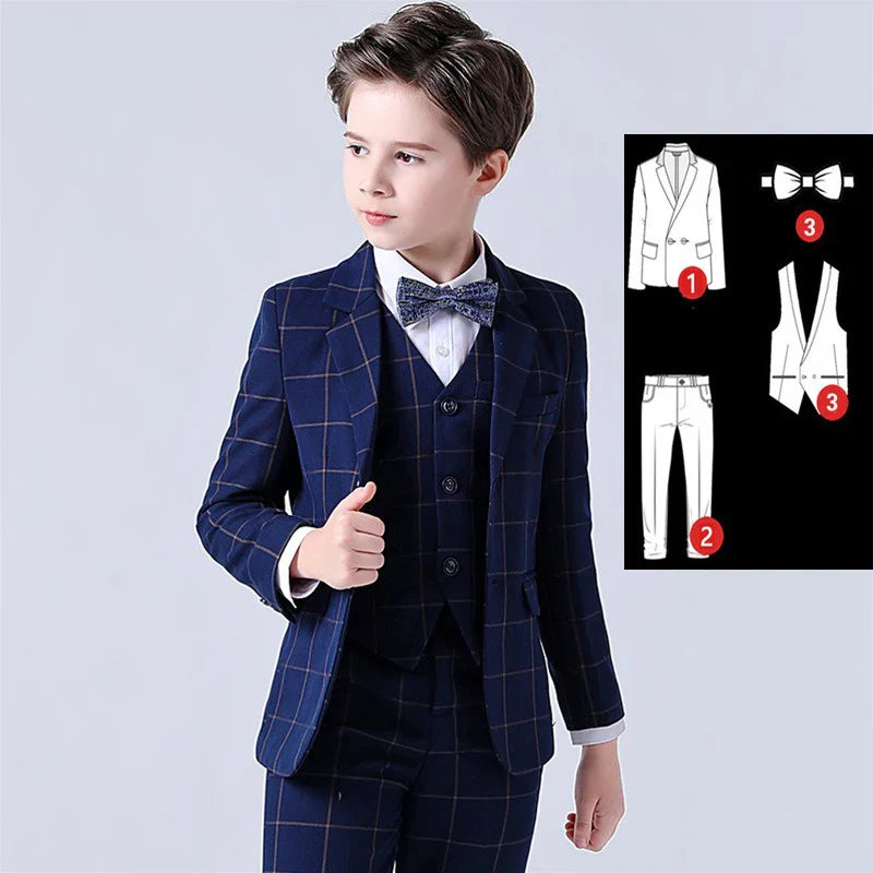 LUOBOBEIBEIC boys' 3-piece plaid formal suit with tuxedo style, suitable for kids' weddings, by SHOWLU FASHION STORE.