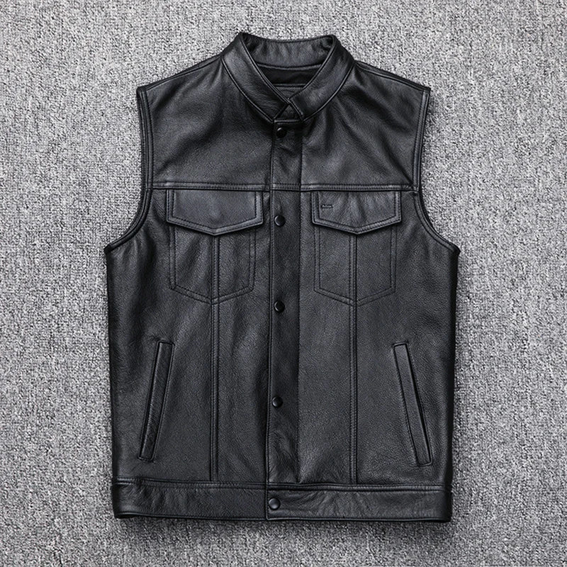 Men's faux leather biker vest with stand collar, autumn winter waistcoat, stylish and durable by SHOWLU FASHION STORE