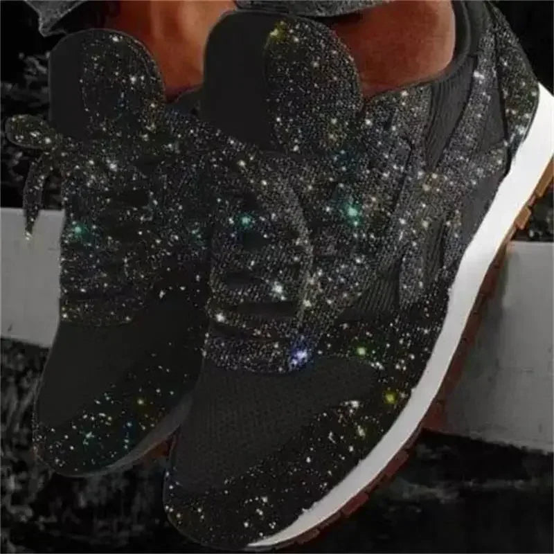 Showlu Fashion Women's Bling Flat Sneakers with casual mesh slip-on design, shiny embellishments, and comfortable flat sole.