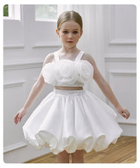 Two Pieces White Flower Girl Dresses Birthday Wedding Party Gown Kids Princess Sleeveless Knee Length Prom Dress for Girls