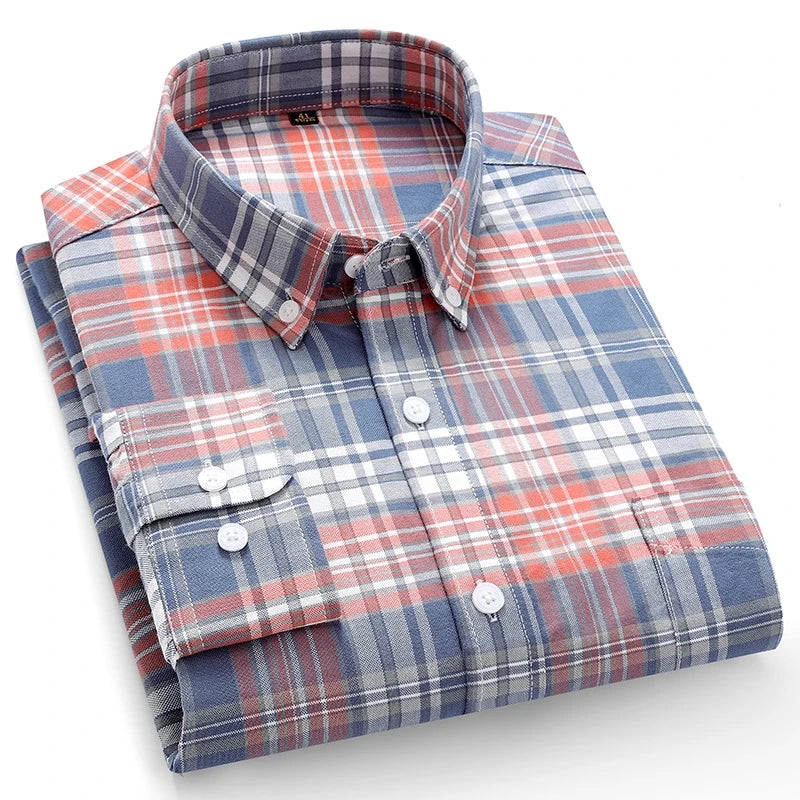 Long sleeve men's plaid cotton oxford dress shirt in 6XL-7XL, soft regular fit, formal social shirt for men.