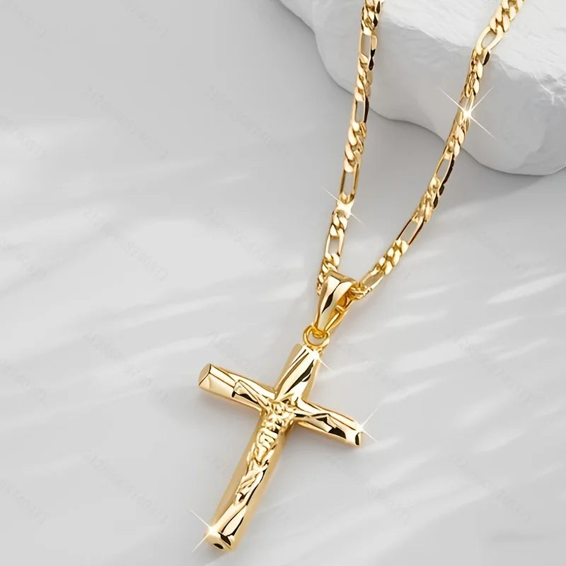 14K gold plated cross pendant necklace from Showlu Fashion Store, hip-hop sacred jewelry with detailed cross design.