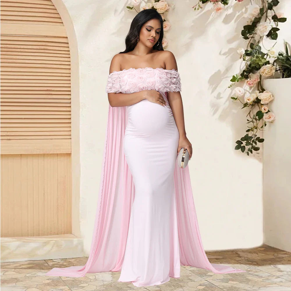 Floral off-shoulder maternity gown with mesh cloak, maxi dress perfect for photoshoots, by SHOWLU FASHION STORE.