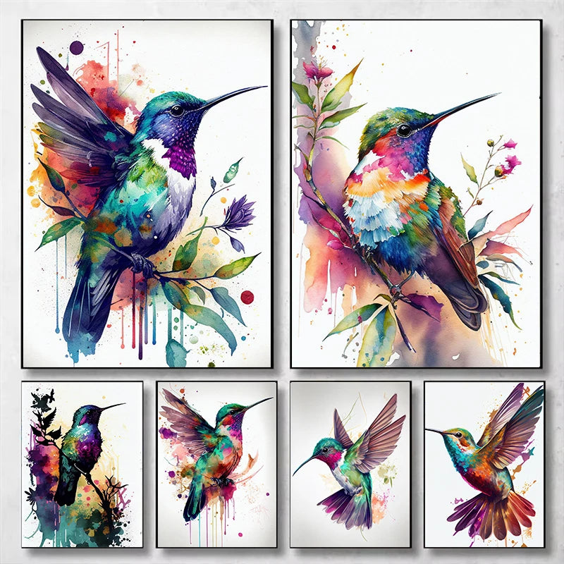 Colorful watercolor hummingbird and flower wall art canvas painting, vibrant bird and floral decor for living room or home.