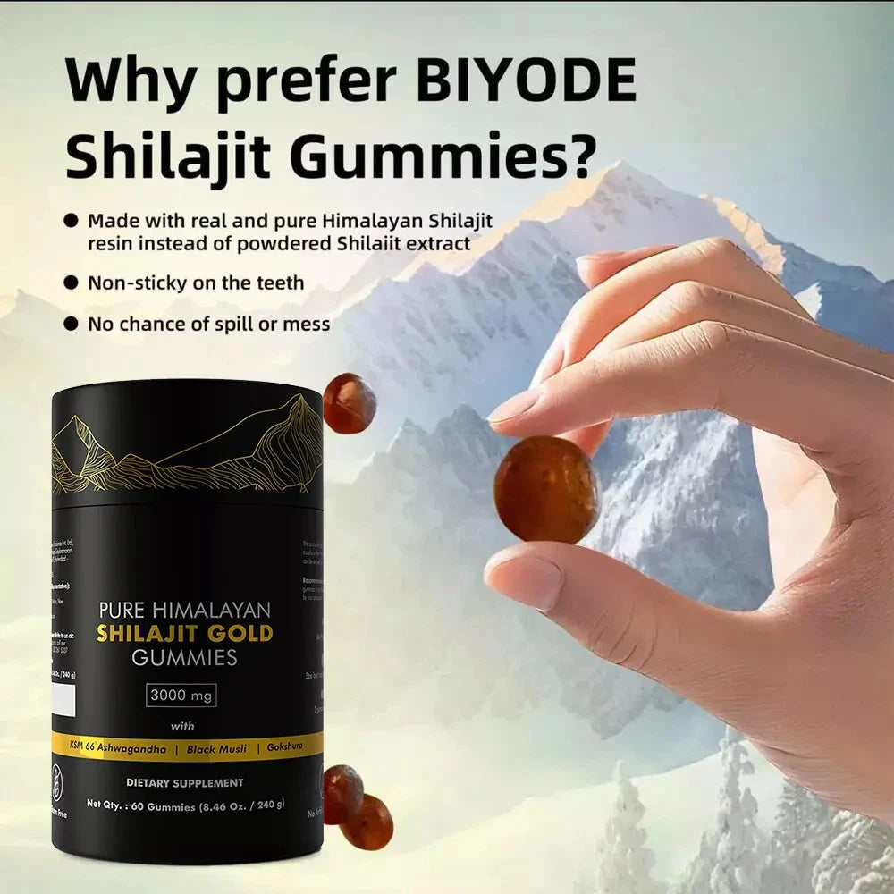 Bunkell Himalayan Shilajit Gummies with Ashwagandha and Gokshura in a transparent jar with gummies inside.