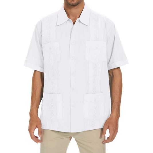 2025 New Summer Men's Guayabera Shirts Four Pockets Embroidered Short Sleeve Shirts for Men Blue Mexican Cuban Button Shirt