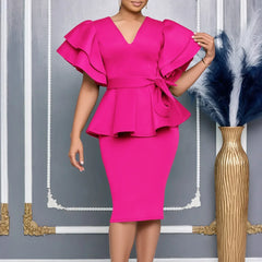 The New Fashion Temperament Elegant Ruffled Solid Color Draped Hip Party Dress African Dress