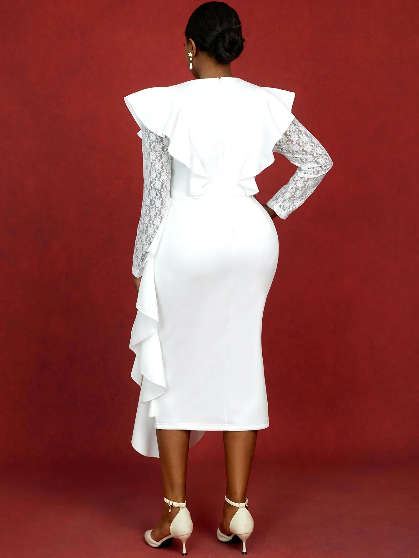 A white lace sleeve wedding guest dress with a V-neck and midi length, featuring elegant design from SHOWLU FASHION STORE.