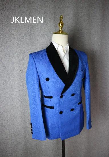 Blue men's wedding suit with black velvet collar tuxedo set by SHOWLU FASHION STORE, stylish formal attire for special occasions.