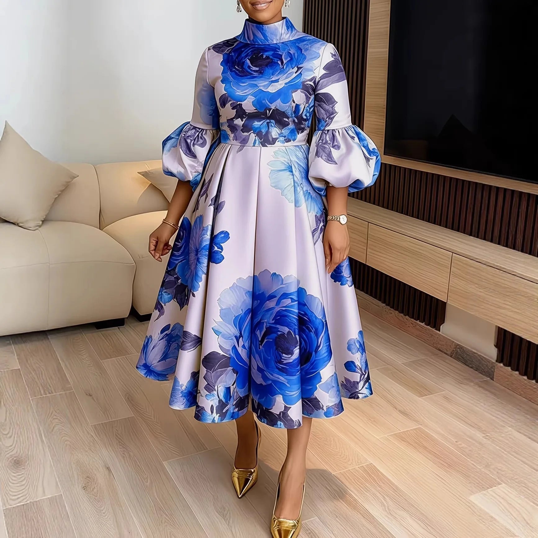 Elegant Dress Women for Wedding Party Summer African Half Sleeve Polyester Wedding Printing Midi Dress Dashiki Africa Clothing