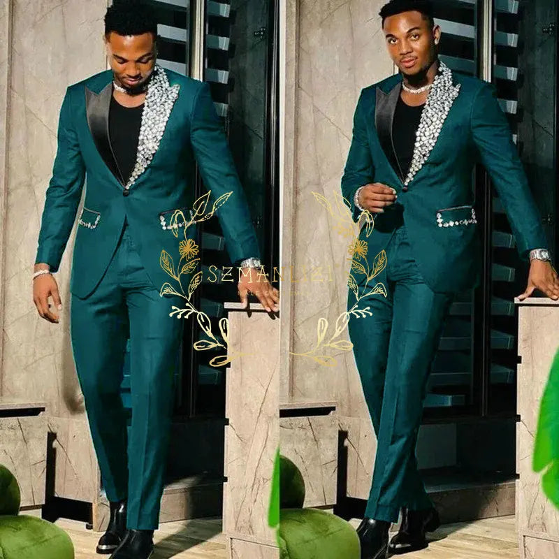 Black men's slim fit tuxedo blazer and pants set with single-breasted peak lapel, high-quality crystal details for prom or party.