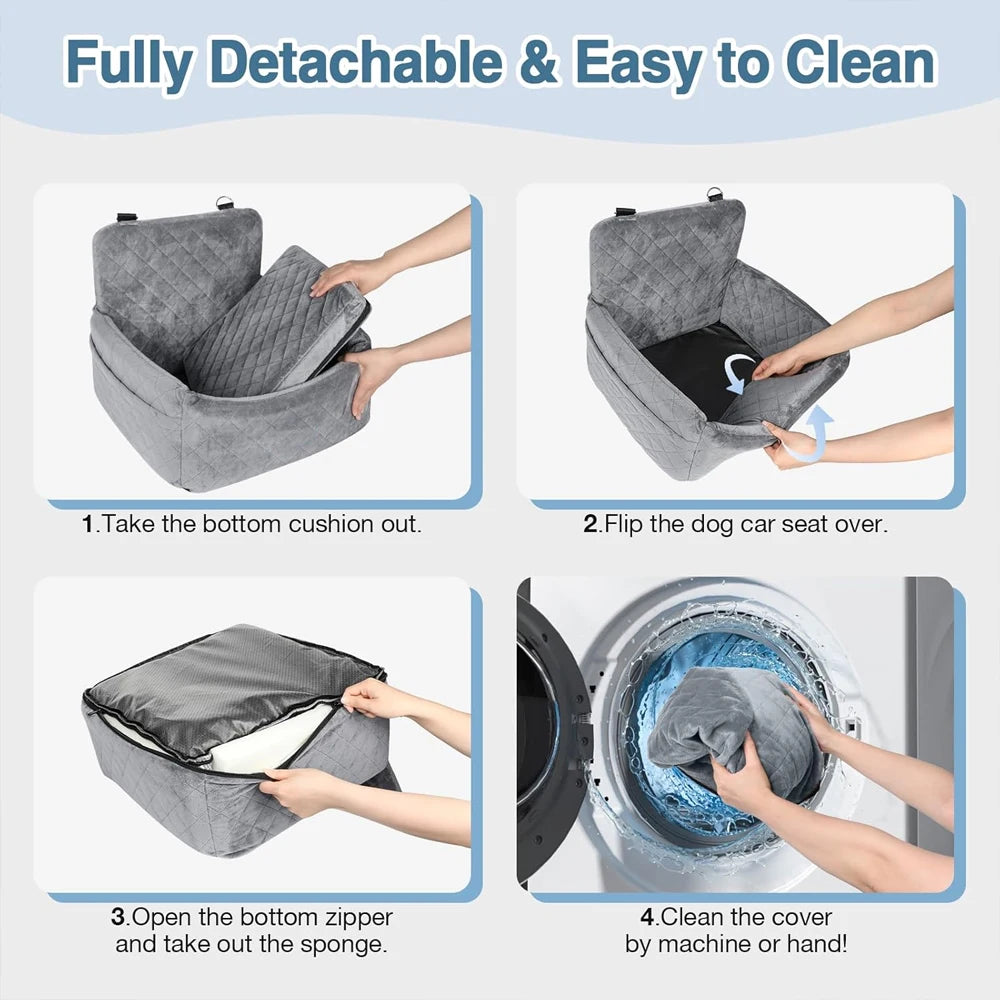 Portable dog car seat with washable cushion, safety belt, and storage pocket for small to medium pets during outdoor travel.