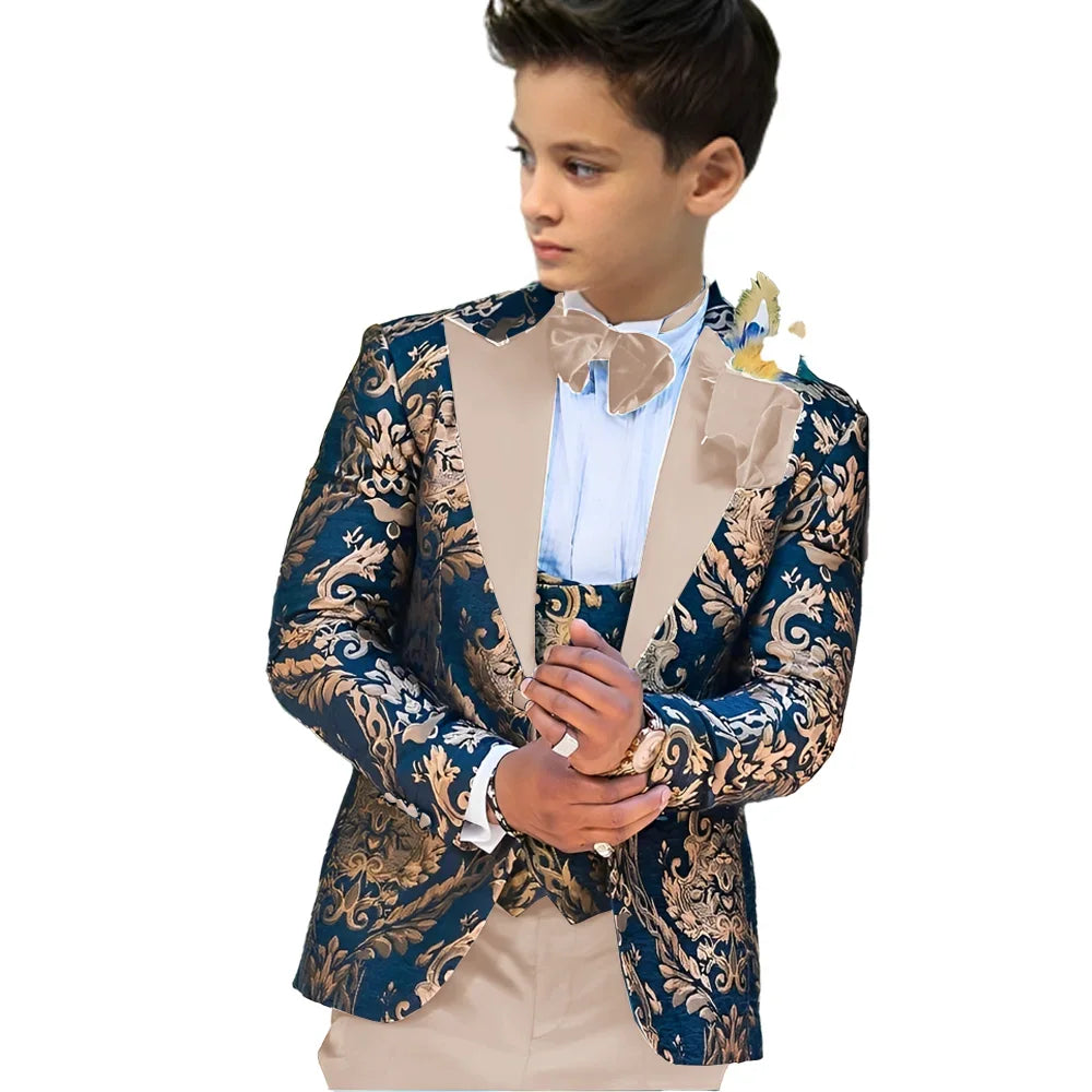 Kids floral boy wedding suit, 3-piece tuxedo set with jacket, vest, and pants for children aged 2-16, by Showlu Fashion Store.