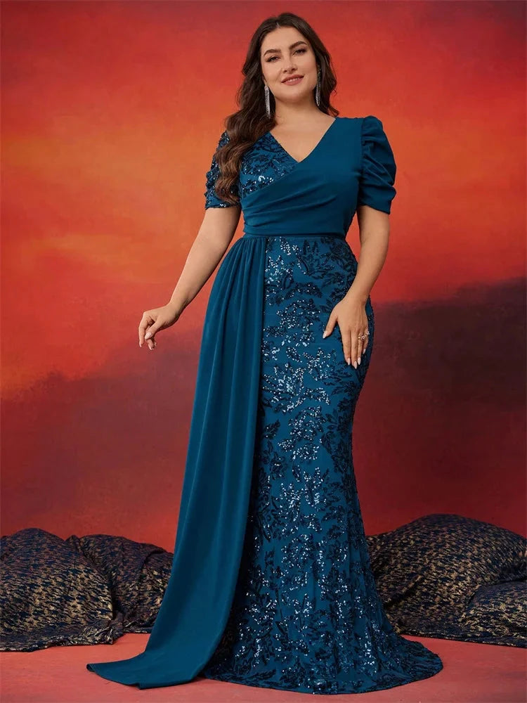 BluePlum Women's V-Neck Sequin Mermaid Evening Dress in plus size, formal wear with shimmering sequins and fitted mermaid silhouette.