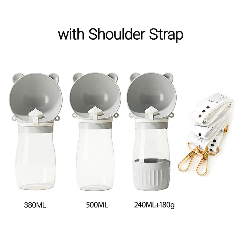 Holapet 2-in-1 portable dog water bottle and travel dispenser, leak-proof design, shown with water and a dog outdoors.