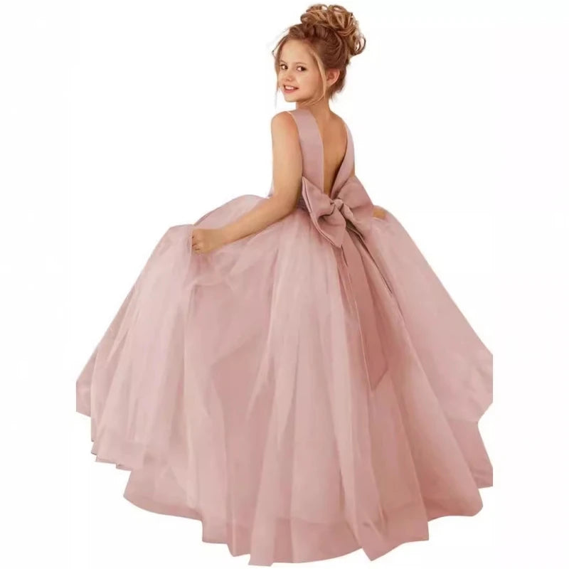 Dusty pink flower girl dress with pearl belt, Showlu Fashion Store ball gown for weddings, featuring floral details and elegant design.
