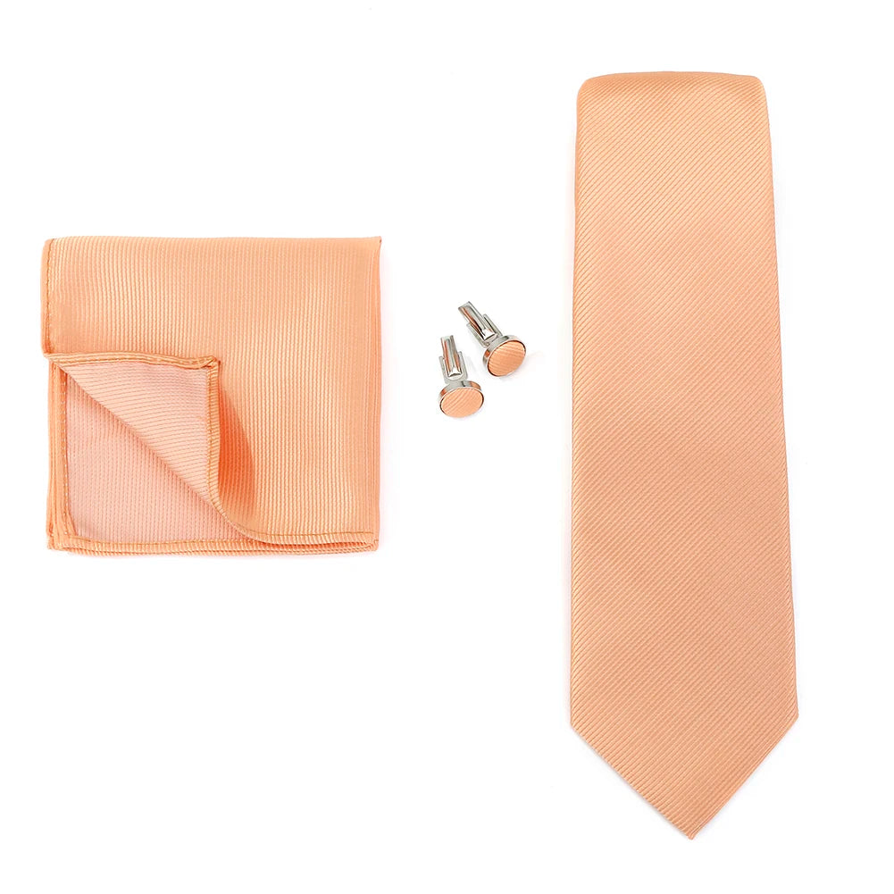 Solid color men's formal tie, jacquard woven, with matching handkerchief and cufflinks, ideal for wedding or business suits.