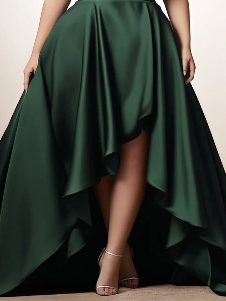 Elegant plus size evening dress for women with spaghetti straps, pleated A-line design, V-neck, irregular hem, perfect for summer events