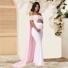 Maternity Floral off Shoulder Dress Mesh Cloak Maxi Party Gown for Baby Shower Photoshoot