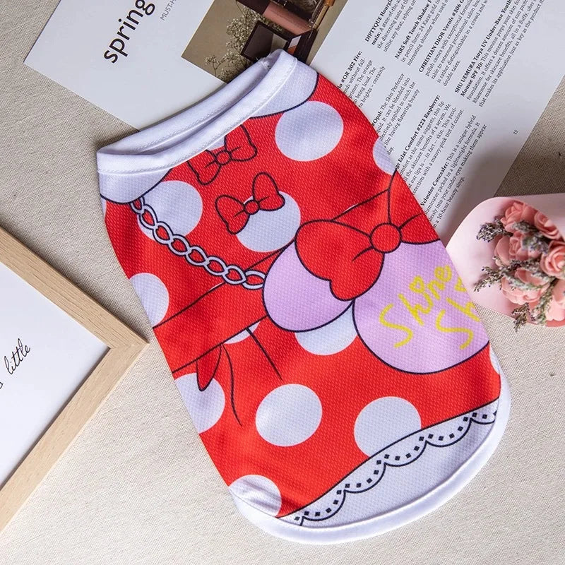 Cartoon-style Wang Shan Meow quick-drying dog vest made of polyester, perfect for puppies, shown in a colorful, snug fit.