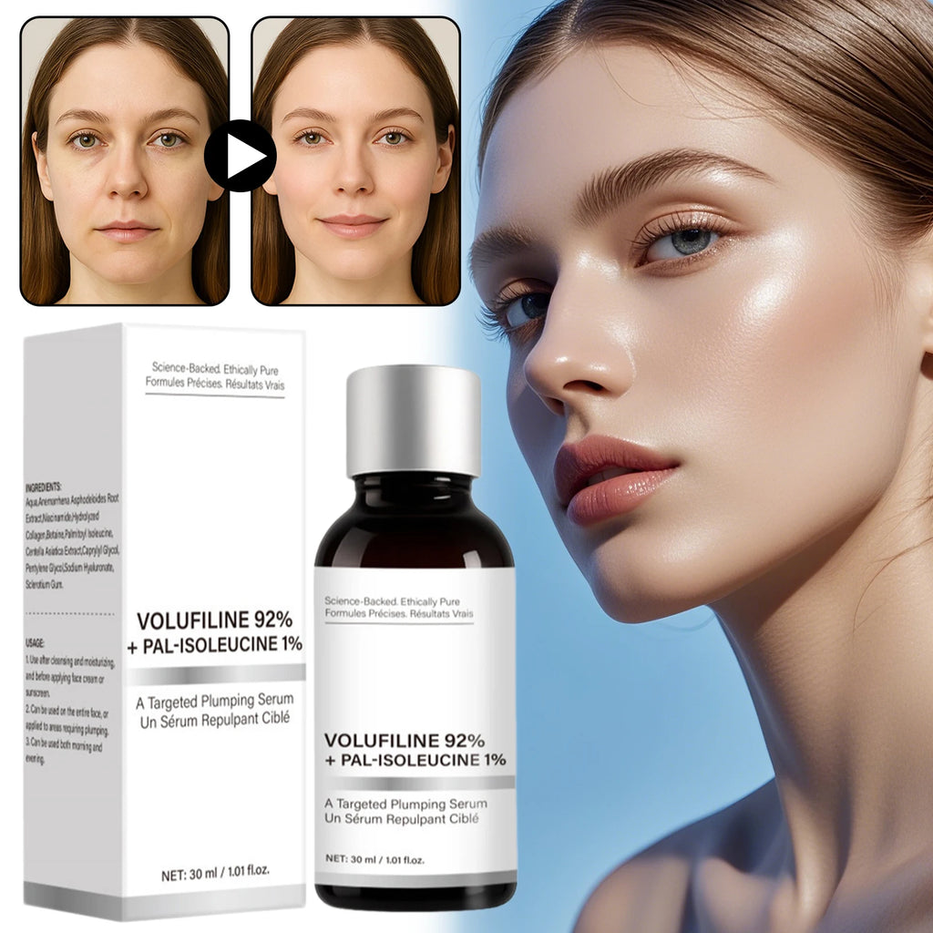 30ml Velofeilin 92% and Pal-Isoleucine 1% facial serum in a clear bottle with a pump, designed for skin plumping and youth restoration.