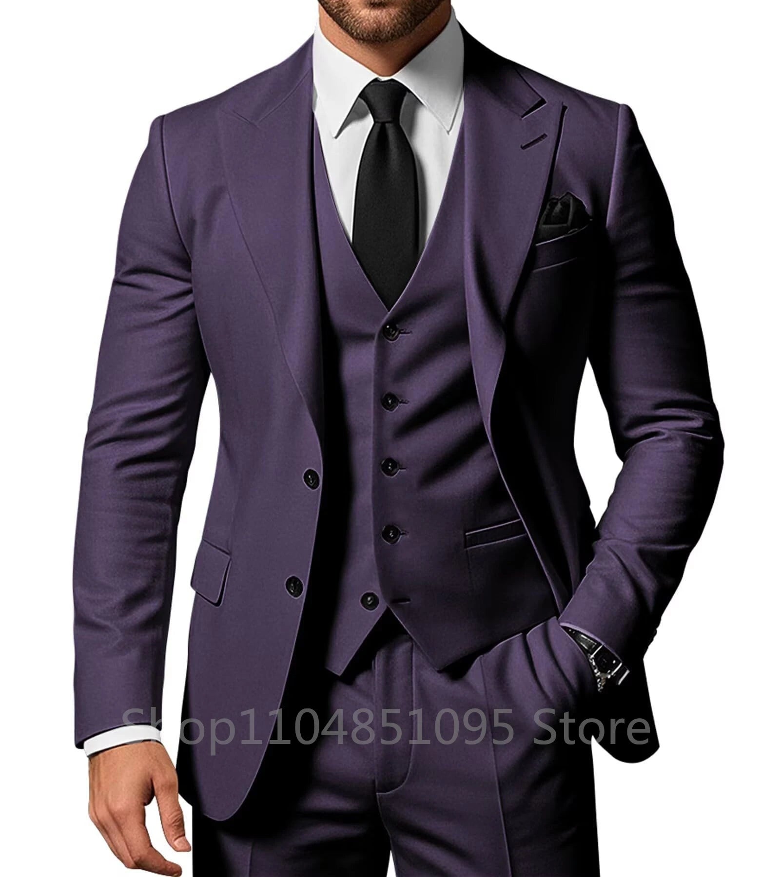 Three-piece men's wedding suit set with peak lapel jacket, pants, and vest, stylish formal tuxedo for groom or prom by Showlu Fashion