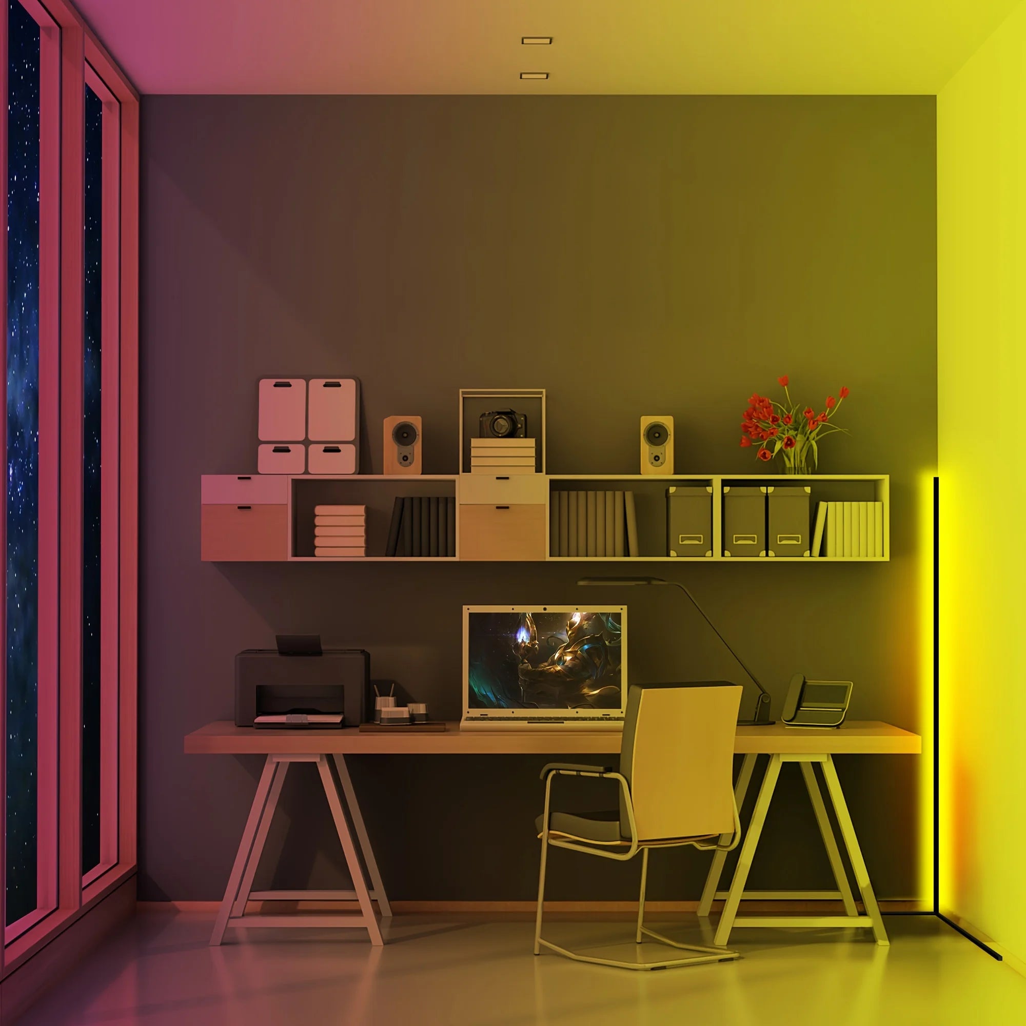 Showlu Smart General LED Ambient Corner Bar illuminating a modern corner space with warm, customizable lighting.