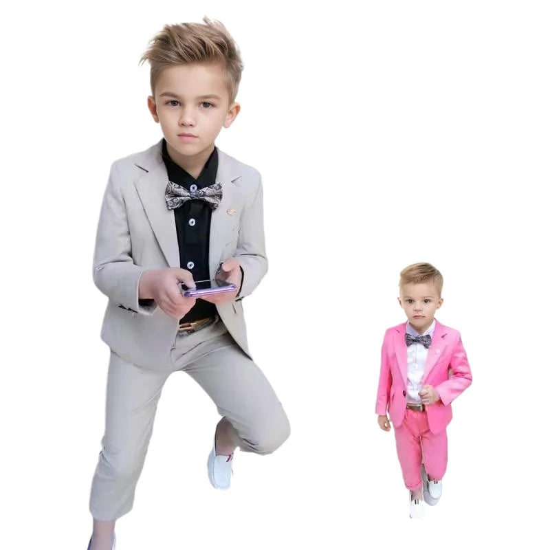 Children's pink spring dress suit with jacket and pants for boys, perfect for birthdays, performances, or photoshoots.