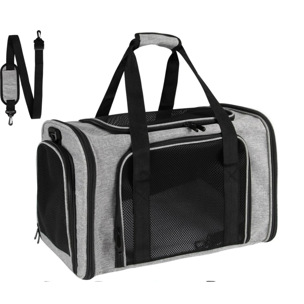 Showlu Soft-Sided Cat Carrier made of nylon, TSA airline approved pet bag with breathable mesh panels and sturdy handles.