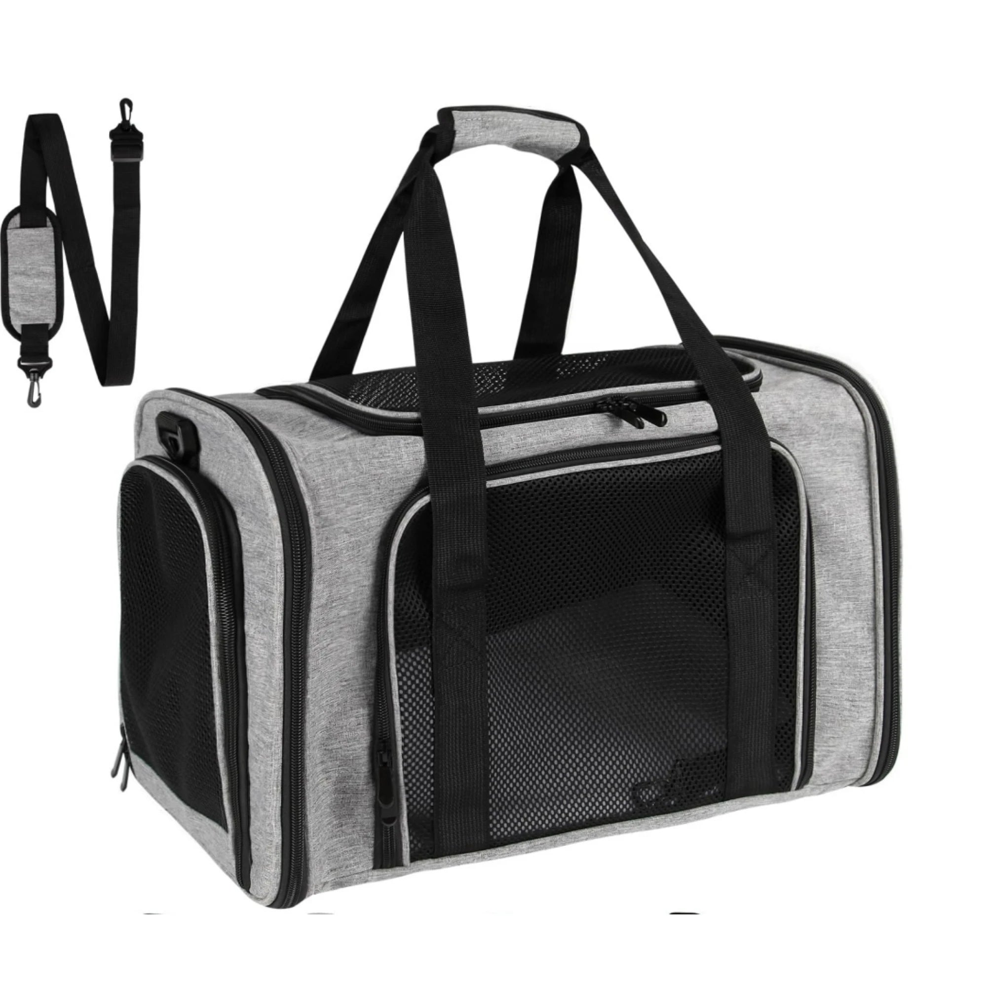 Showlu Soft-Sided Cat Carrier made of nylon, TSA airline approved pet bag with breathable mesh panels and sturdy handles.