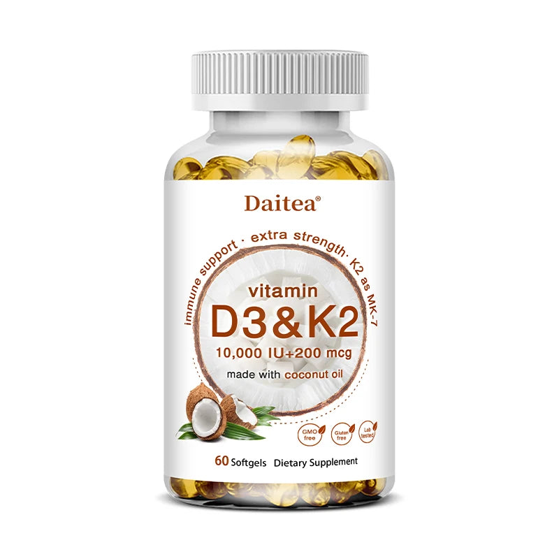 2-in-1 Vitamin D3 K2 Supplement Softgel, 10000 IU VIT D3 + 200 MCG Vitamin K2, Support Calcium Absorption in Bones