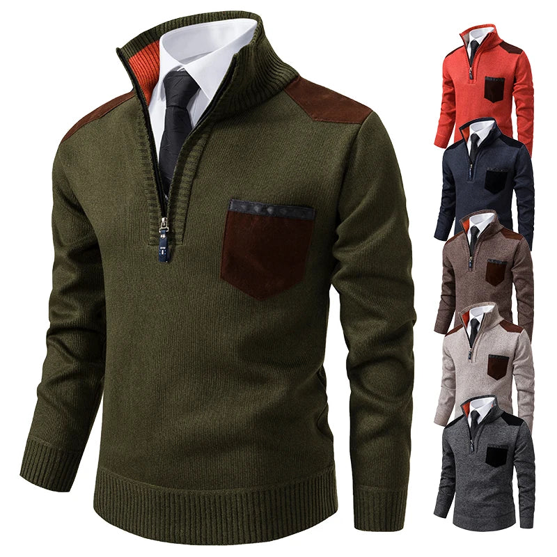 Men's cashmere pullover sweater with half zipper, stand collar, thick fabric, in autumn winter outerwear style from Showlu Fashion.