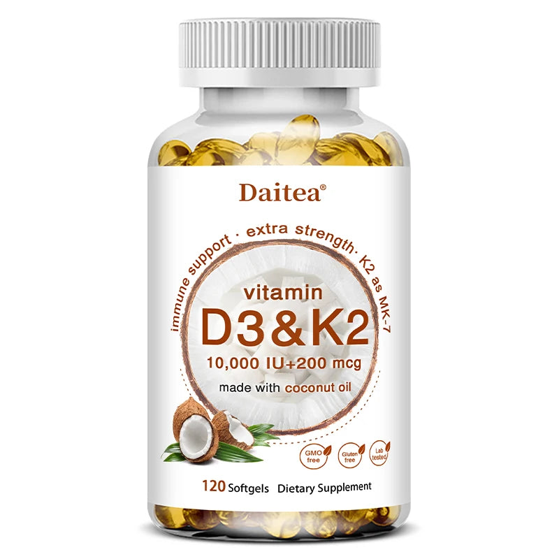 2-in-1 Vitamin D3 K2 Supplement Softgel, 10000 IU VIT D3 + 200 MCG Vitamin K2, Support Calcium Absorption in Bones